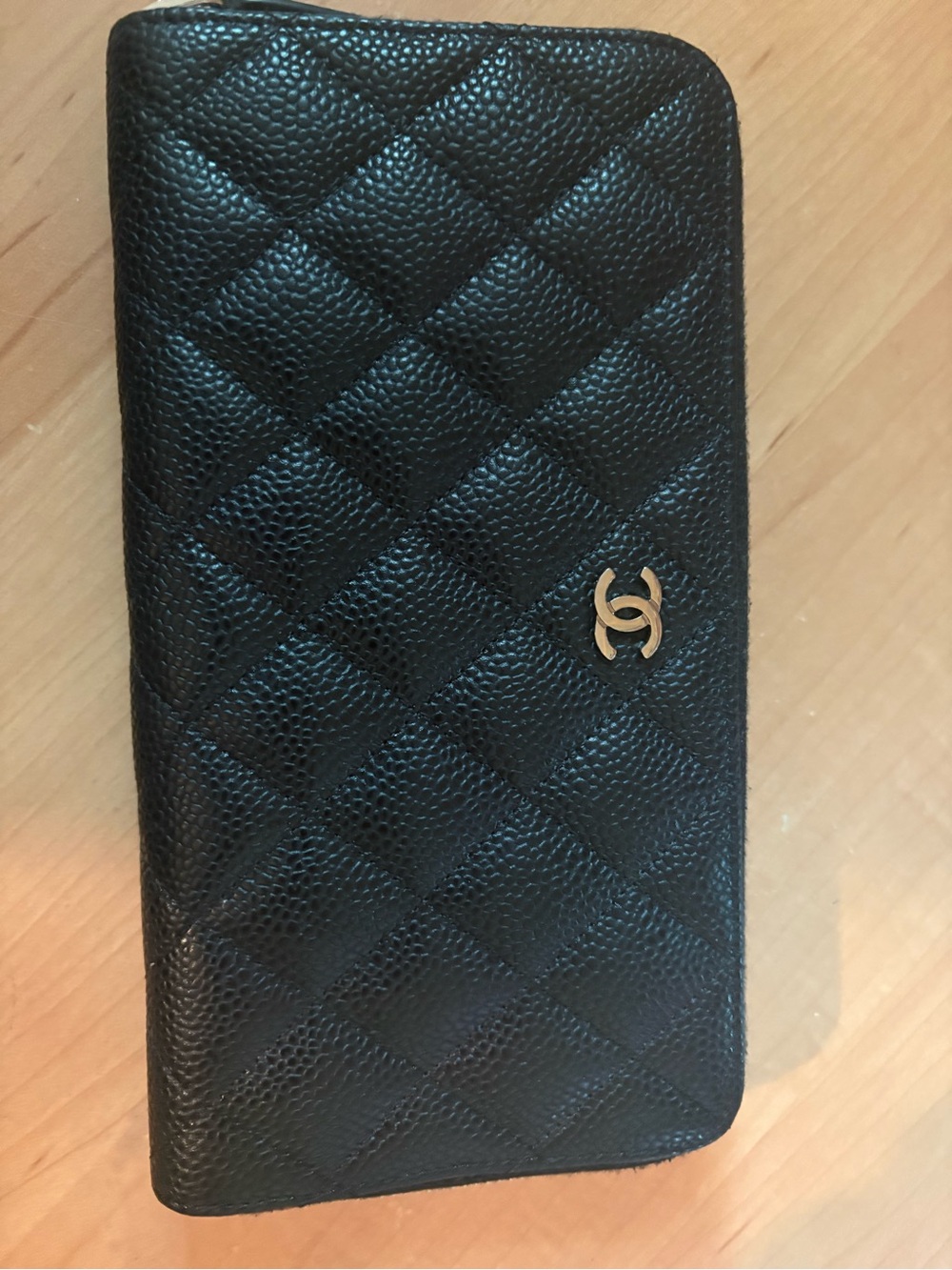 CHANEL Black Quilted Zip Wallet with Gold CC Emblem